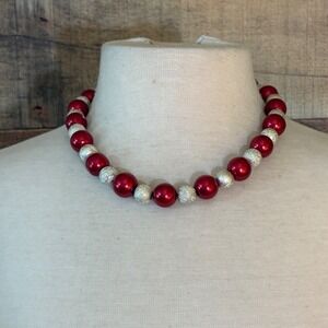 Red and Silver Festive Chunky Bead Toggle Clasp Strand Necklace 19 Inch